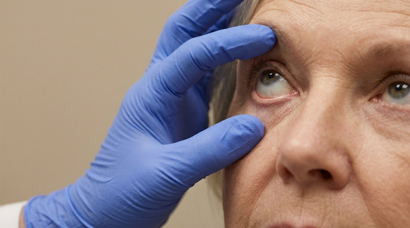 A gloved fingertip gently pulling a patient's lower eyelid downward to test its return.