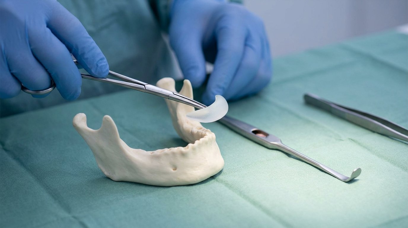 Gloved hands holding forceps that grip a crescent-shaped chin implant above an anatomical model of a lower jaw with a retractor showing the bone pocket.