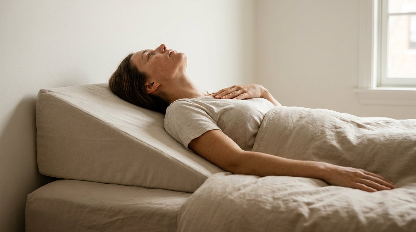 A person lying on their back with head and shoulders raised on a wedge of pillows so the chin points upward, hands resting away from the face, against a bare wall.