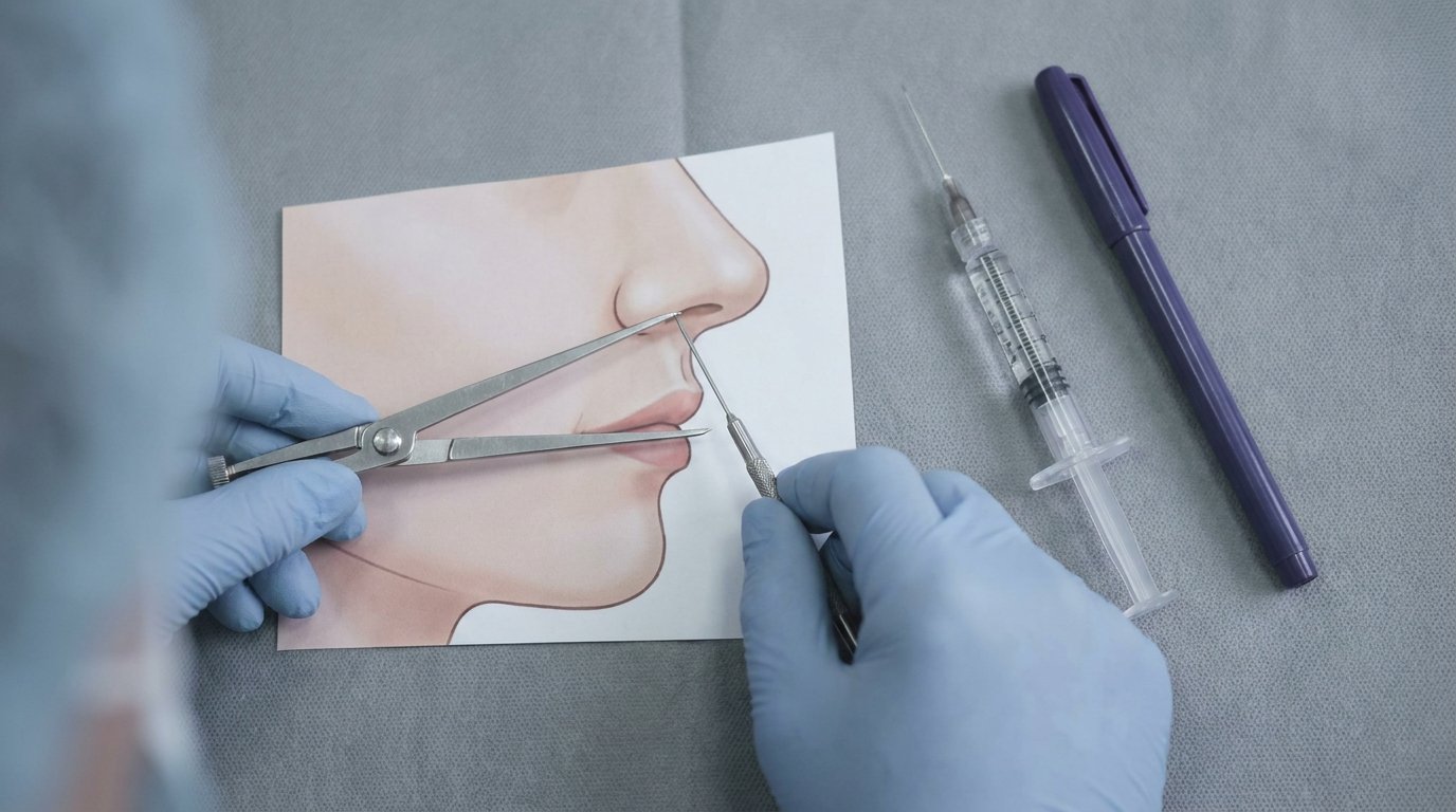 Flat-lay with a clear filler syringe and silicone scar tape on one side and surgical sutures with scissors on the other.