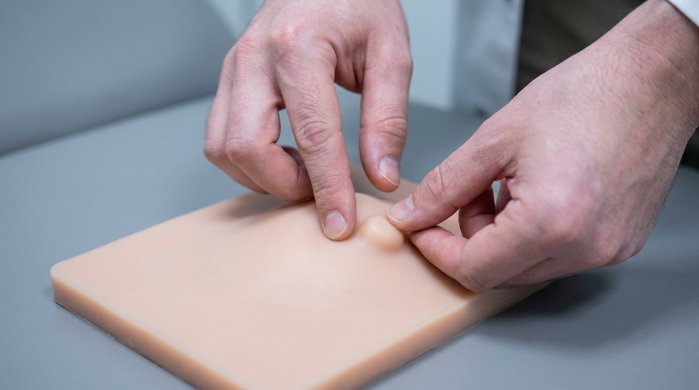 Two hands pressing into a soft silicone tissue pad, fingertips isolating a small firm raised nodule beneath the surface.
