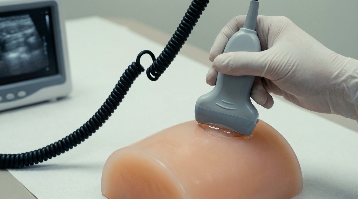 A hand pressing an ultrasound probe with coupling gel against a soft tissue phantom, a grainy grey scan visible on a small screen nearby.