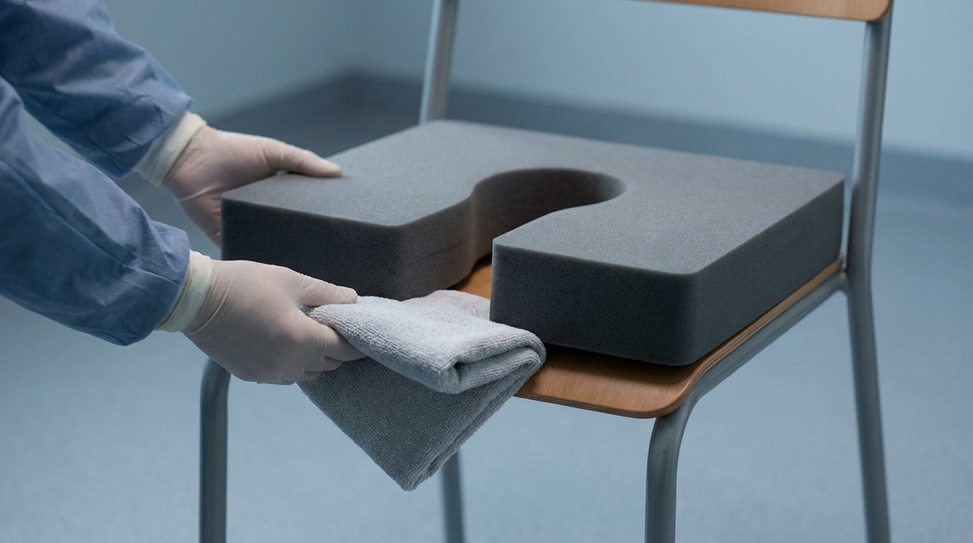 Hands placing a cut-out cushion and a rolled towel wedge on a plain chair to shift sitting weight onto the thighs.