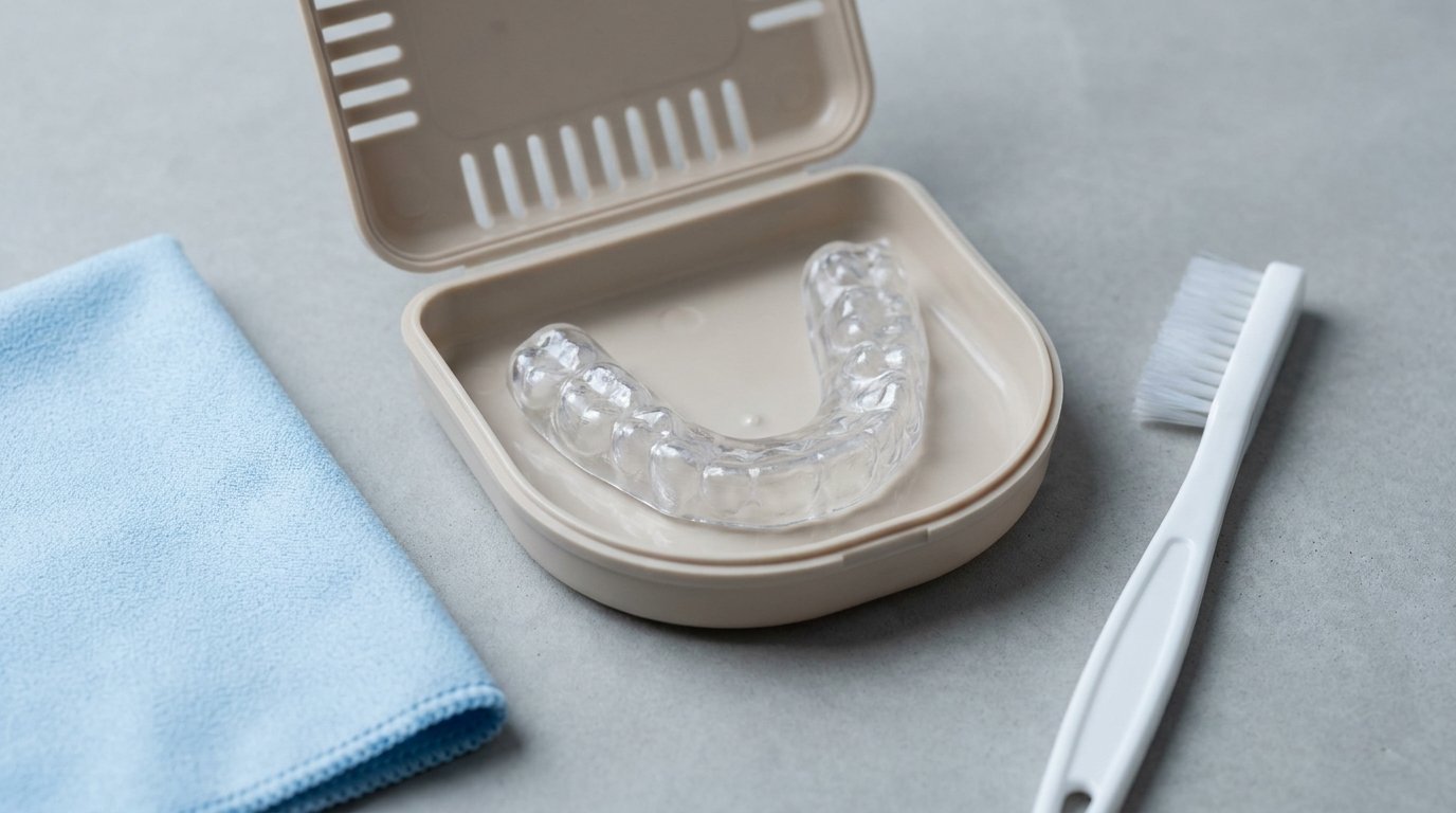 A clear dental night guard in its open case beside a cloth and small brush on a plain surface.
