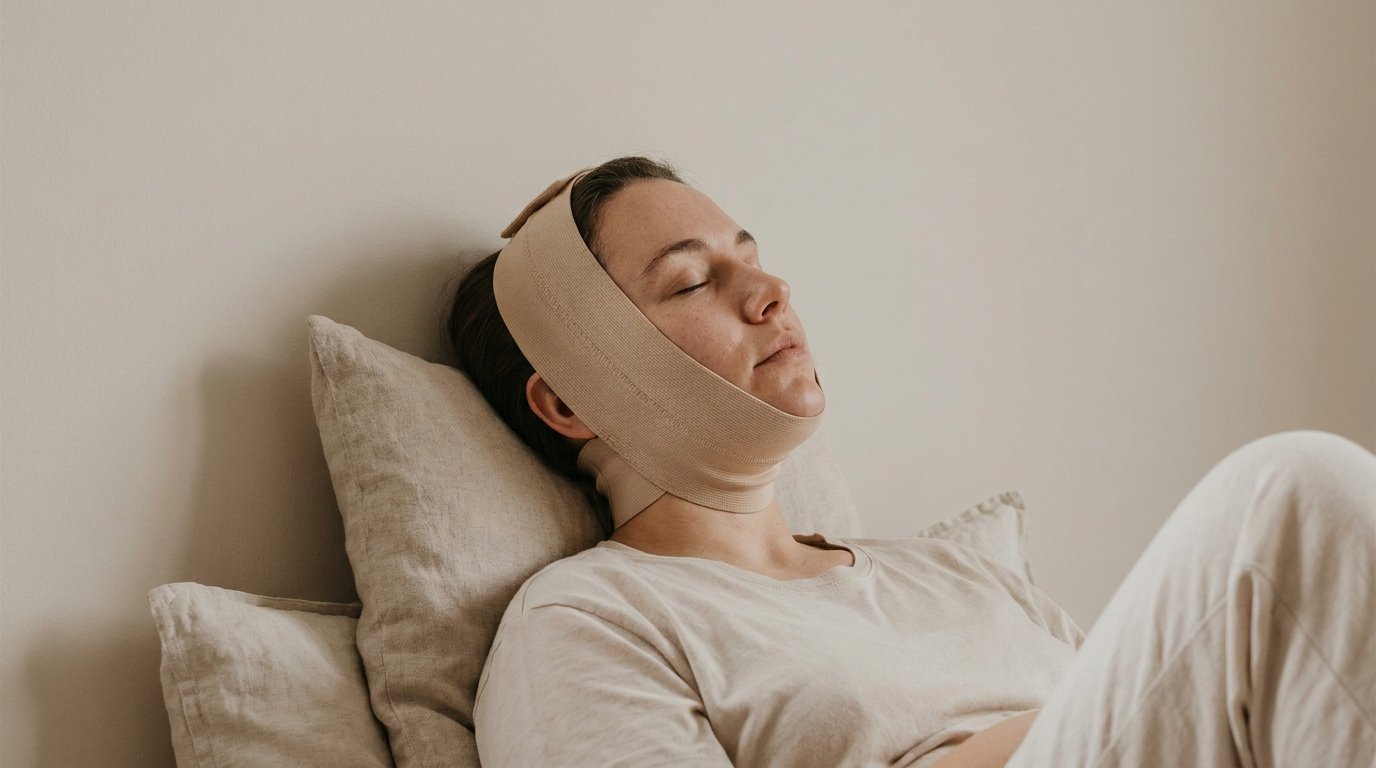 A person reclining on elevated pillows wearing an elastic chin and neck compression garment wrapped under the jaw and over the head.