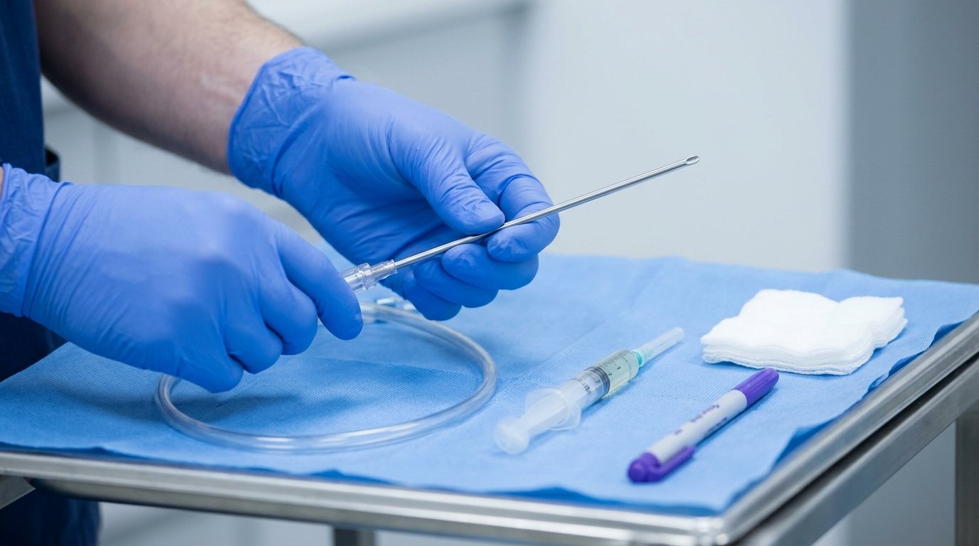 Gloved hands holding a thin liposuction cannula with clear tubing on a sterile tray beside a syringe, gauze and a skin marker.