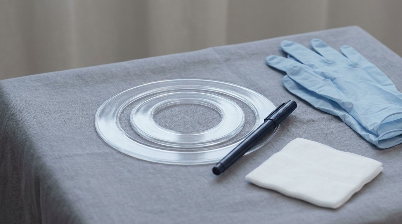 Flat-lay of a surgical marker pen and two nested concentric circular sizing templates on neutral cloth with folded gloves and gauze.