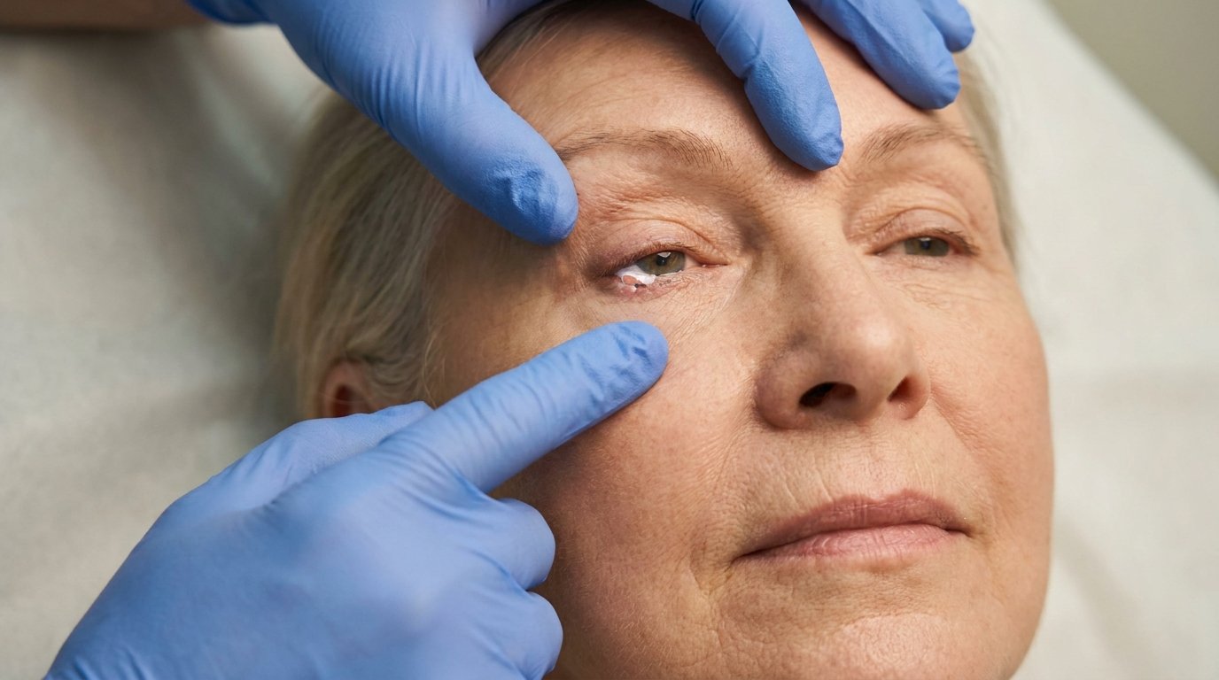 A gloved hand gently pulling a patient's lower eyelid away from the eyeball to test laxity.