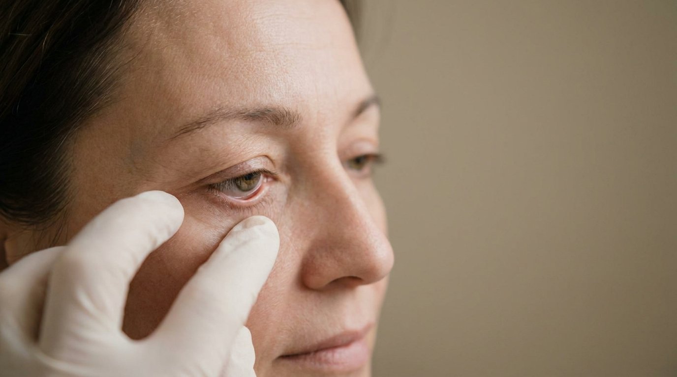 A gloved fingertip pulling a patient's lower eyelid down and away from the eye, leaving a visible gap between lid and eyeball.