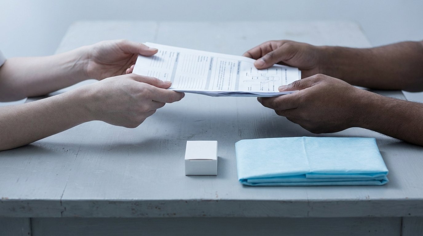 Two hands passing a printed multi-page medical discharge summary over a plain table, with an unlabelled medicine box and folded care sheet nearby.