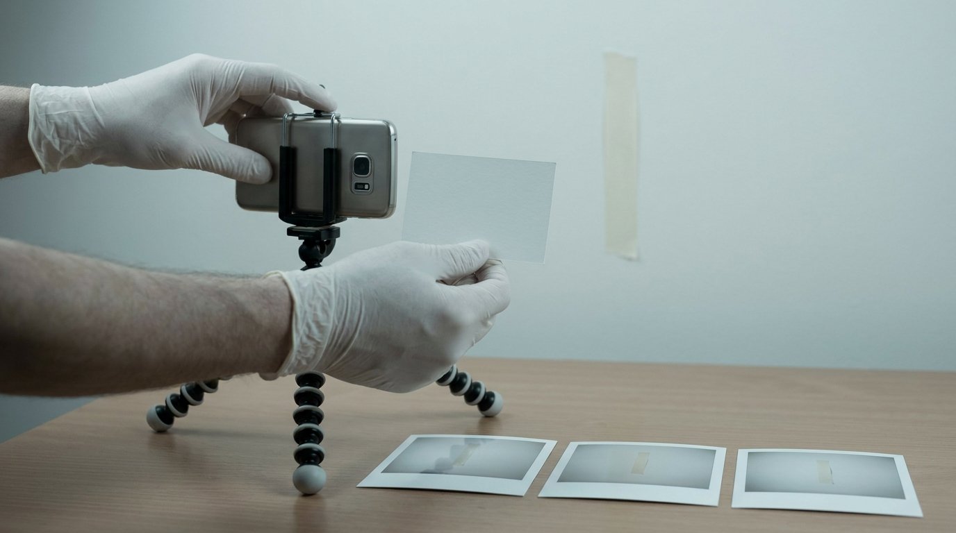 Hands positioning a phone on a small tripod facing a plain wall with a distance-marker, beside a dated card and a row of three sequential reference photos.