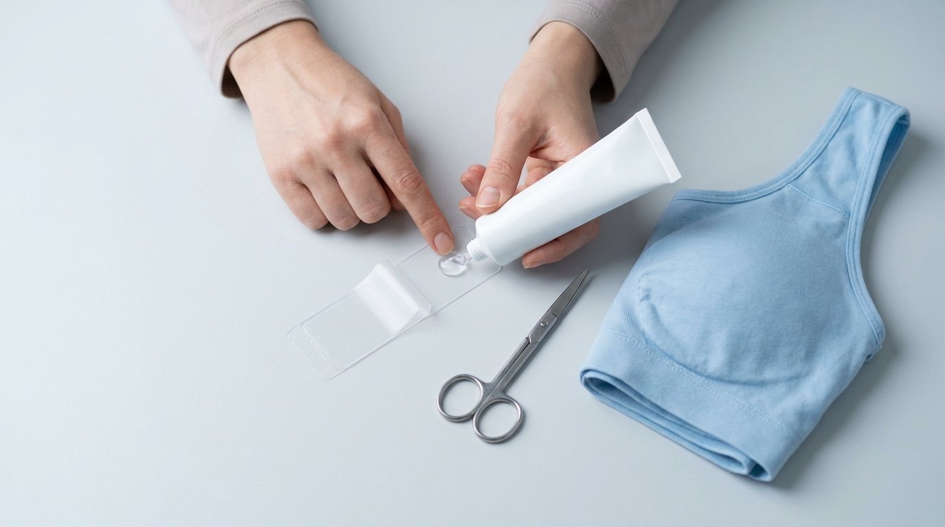 Flat-lay of a silicone scar gel tube, a translucent silicone scar sheet, small scissors and a folded recovery bra, with two hands applying gel to the sheet.