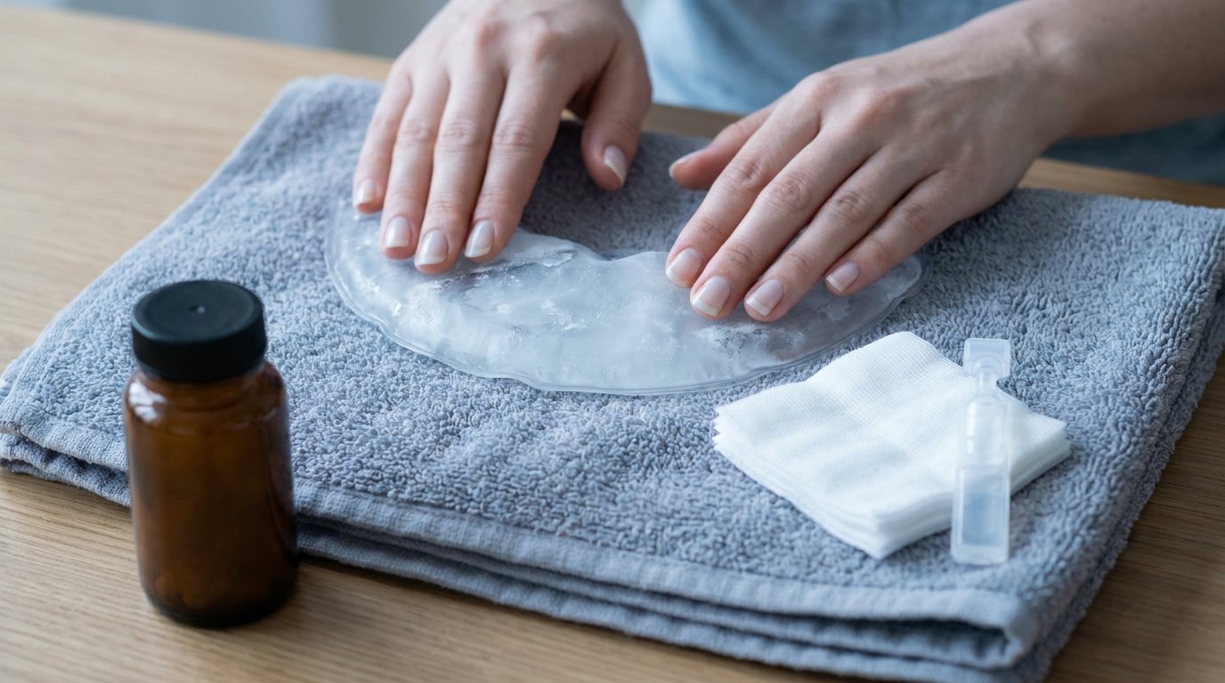 Hands holding a gel cold compress on a towel beside eye drops, gauze and a closed pill bottle.
