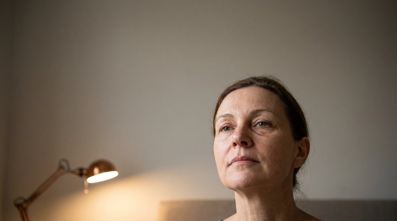A woman lit from a low angle by a single lamp, a dark shadow visible in the hollow under one eye.