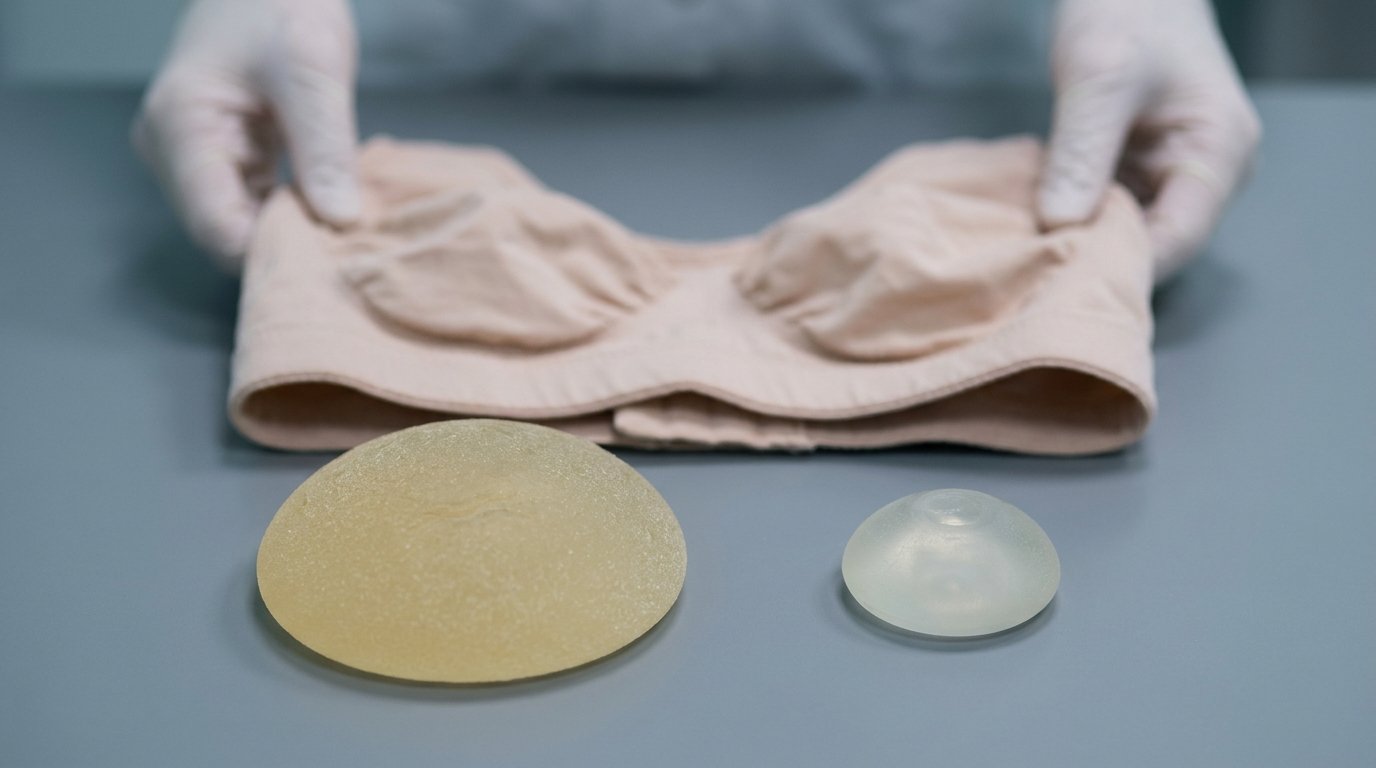 A removed silicone implant, a folded surgical bra held by two hands, and a smaller replacement implant arranged as a comparison on a plain surface.