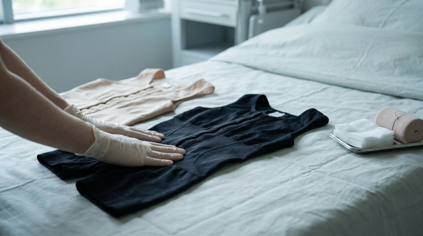 Two folded compression garments and gauze on a bed, one being smoothed flat by hands.
