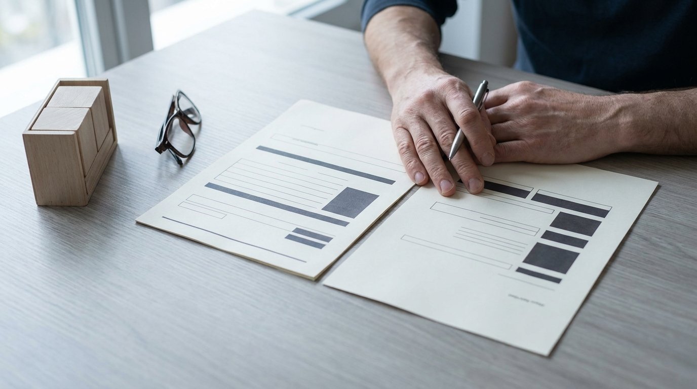 Two plain treatment-plan documents side by side on a desk with hands holding a pen.