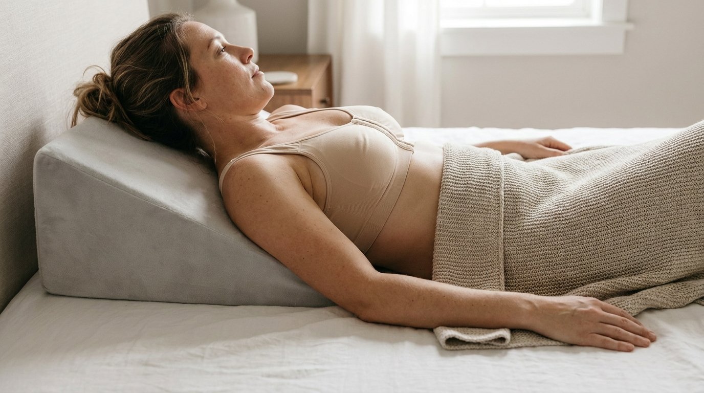 Woman in a front-closure support bra reclining on her back on an inclined foam wedge pillow in bed.