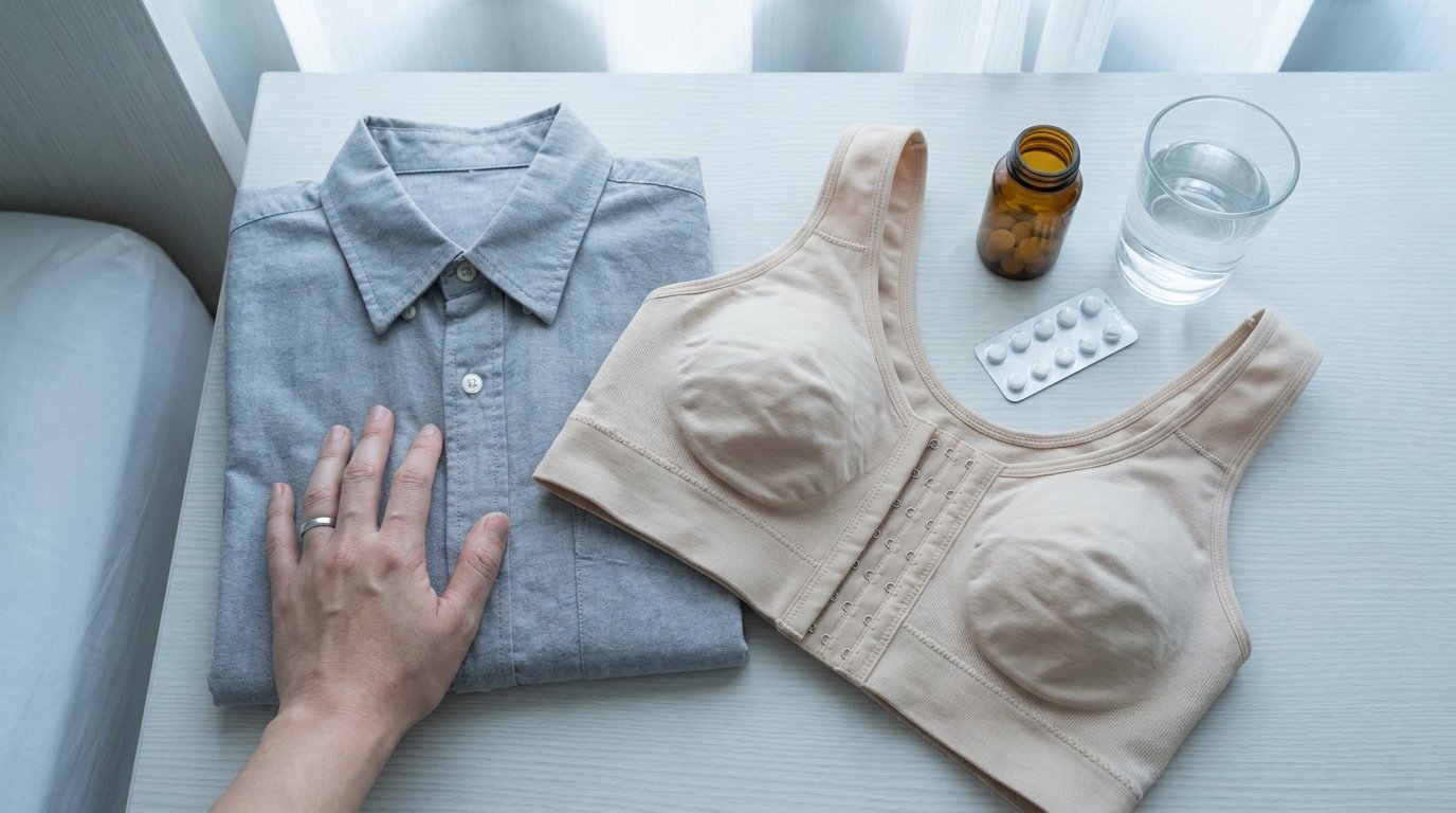 Flat-lay of a front-closure support bra, front-opening top, pill bottle and water on a bedside surface with one hand.