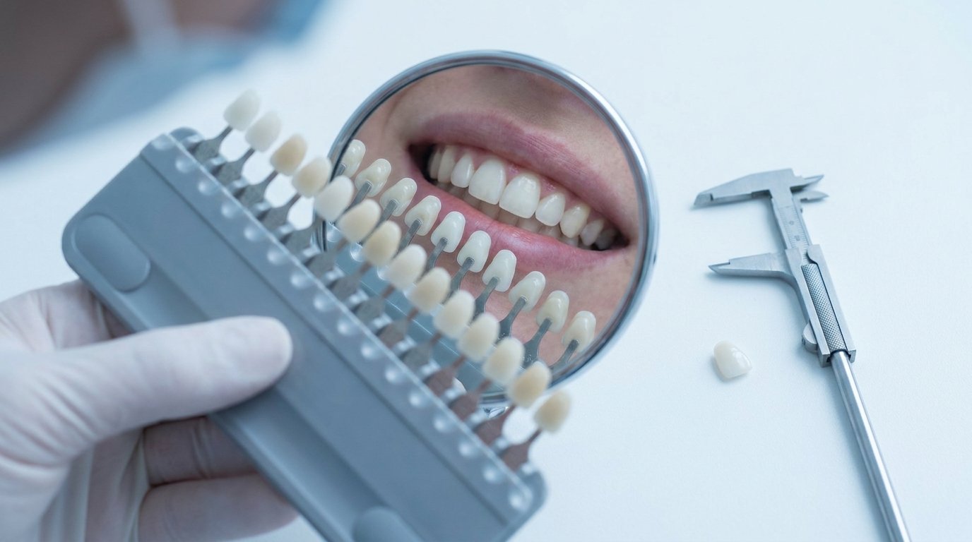 A hand holding a dental shade guide fan next to a small mirror reflecting upper front teeth, with a caliper and porcelain veneer sample nearby on a white surface.