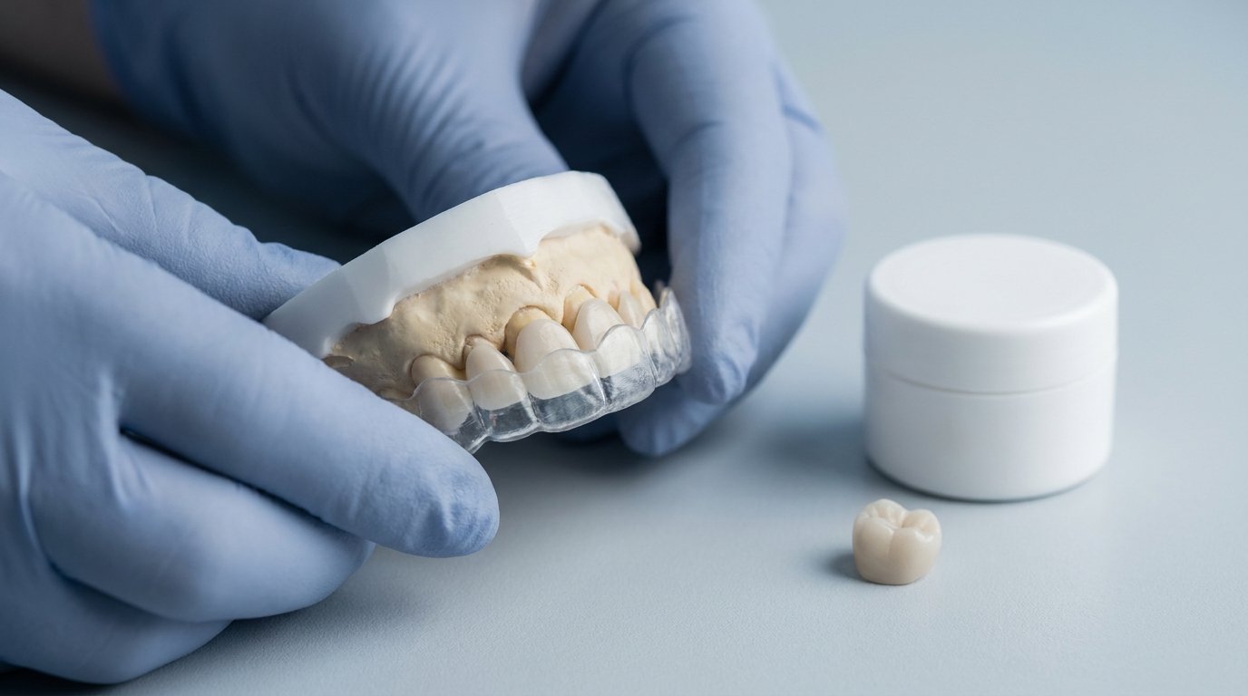 Two hands holding a clear tray of pale temporary veneer shells, with a small tub of temporary cement and one provisional crown resting nearby on a neutral surface.