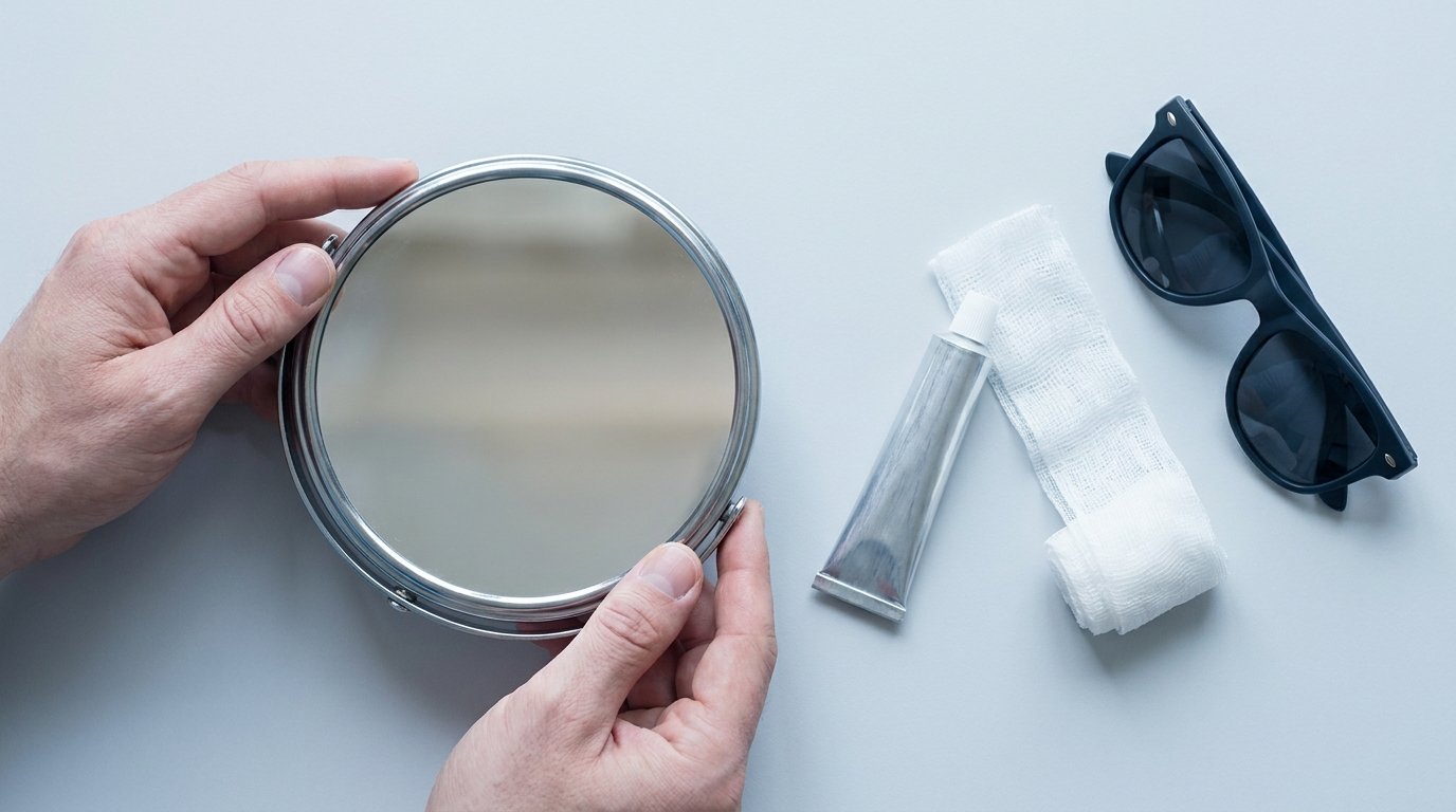 Flat-lay of a handheld mirror, eye ointment tube, gauze and folded sunglasses on a plain surface, held by two hands.