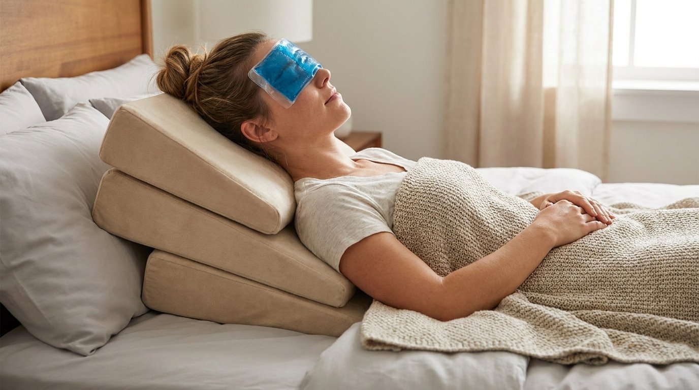 Woman reclining with head raised on wedge pillows and a folded cold compress resting over her closed upper eyelids.