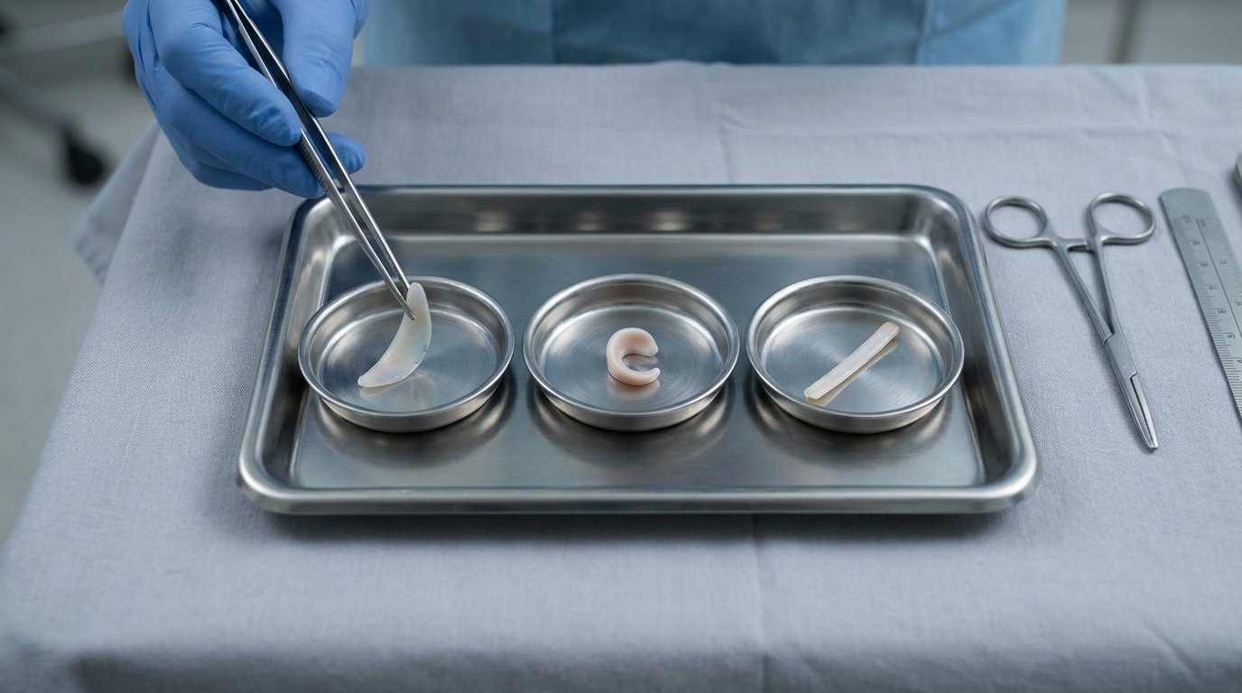 Gloved hand with forceps lifting one of three small cartilage graft pieces from steel dishes on a surgical tray.
