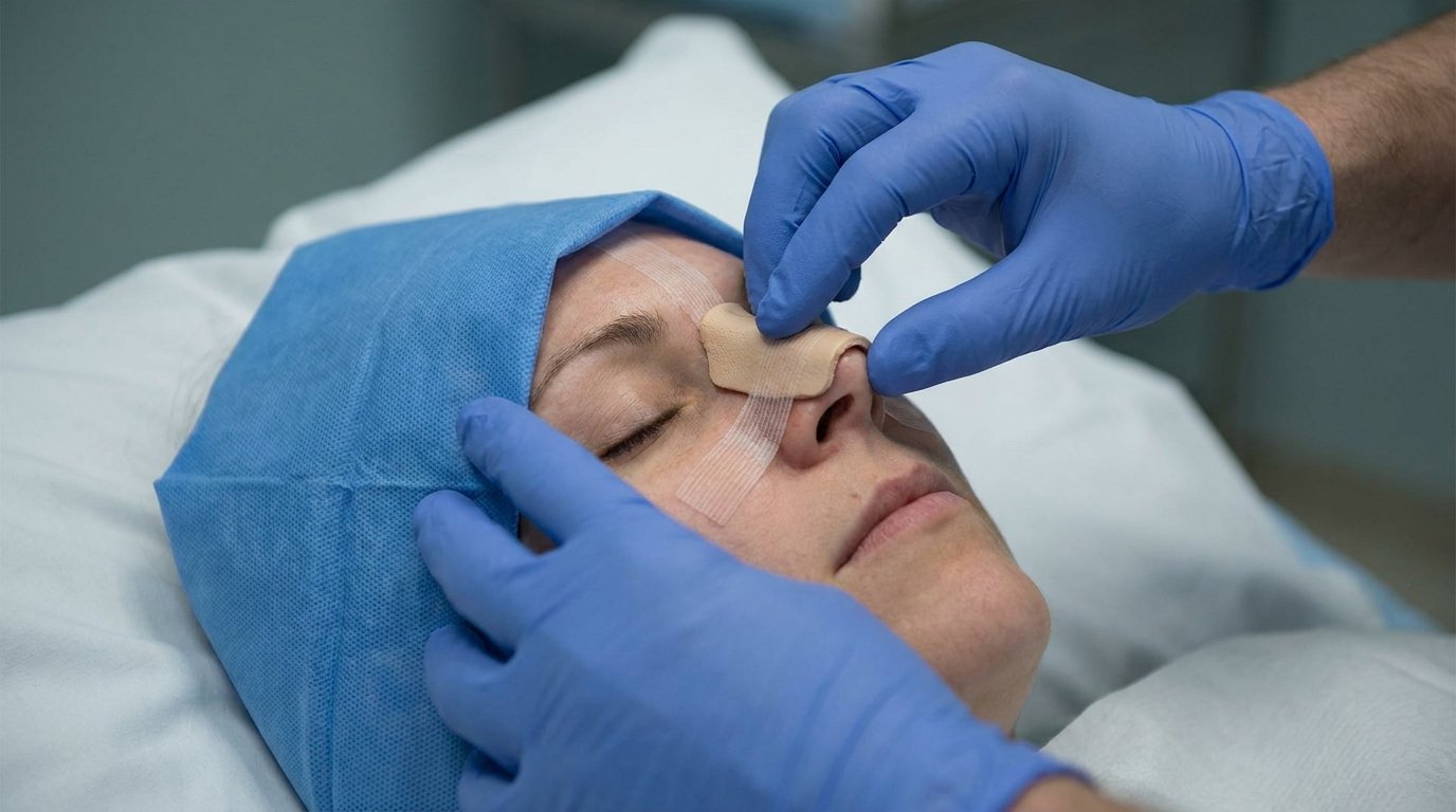 Gloved hands securing a rigid beige splint with tape across the bridge of a patient's nose after surgery.