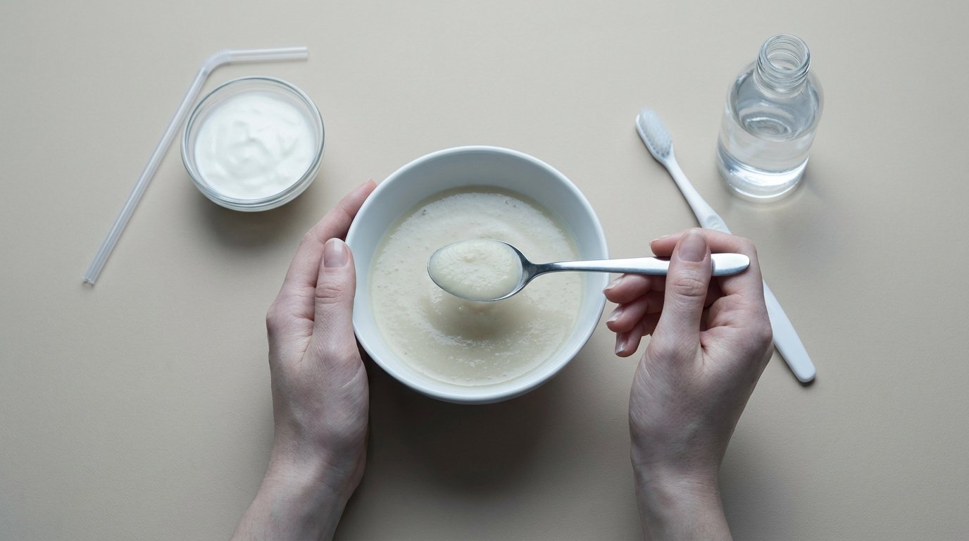 Flat-lay of smooth soup, yogurt, a bendable straw, a soft toothbrush and a bottle of mouth rinse, with hands lifting a spoon of soft food.