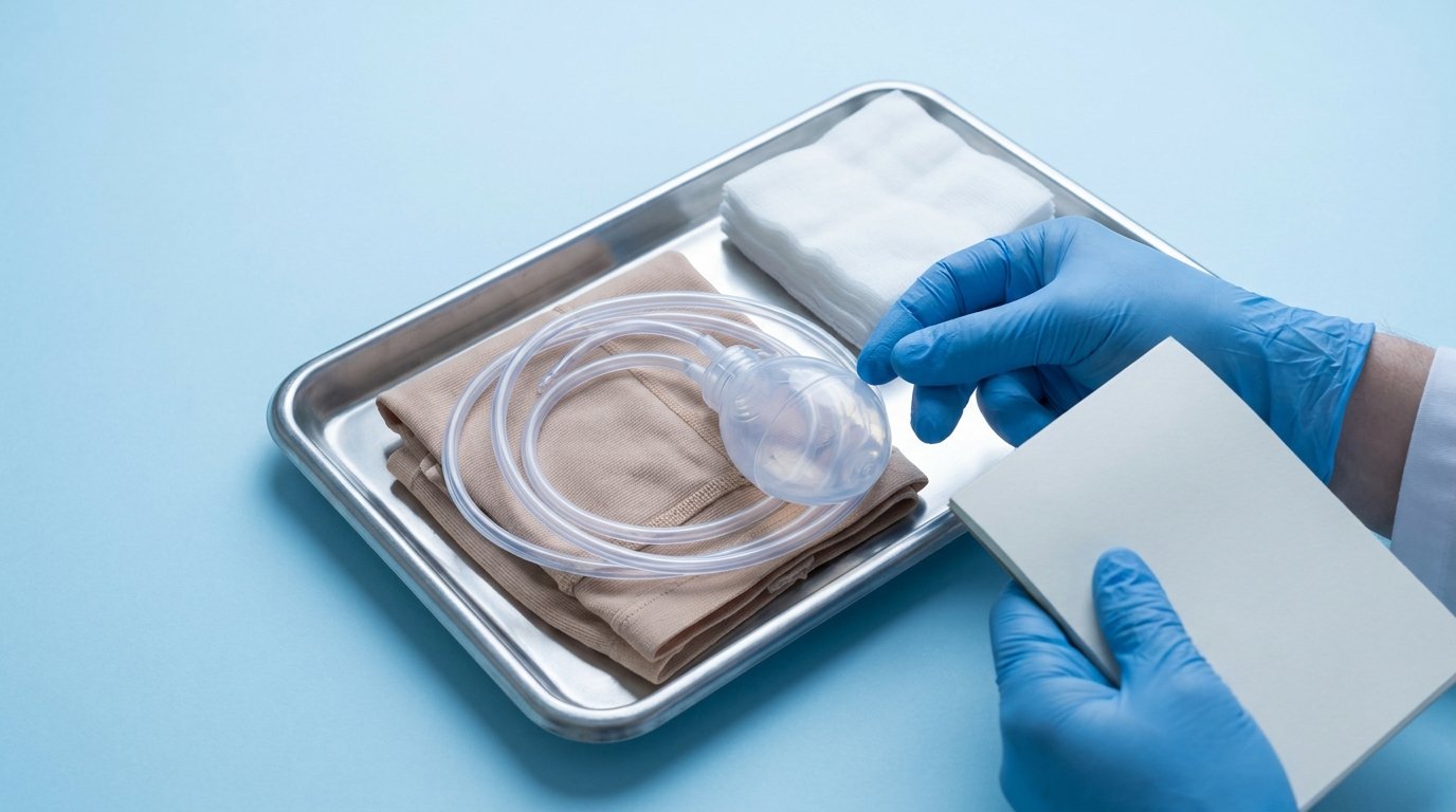 Gloved hands inspecting a transparent surgical drain bulb beside a folded compression garment on a clinical tray.