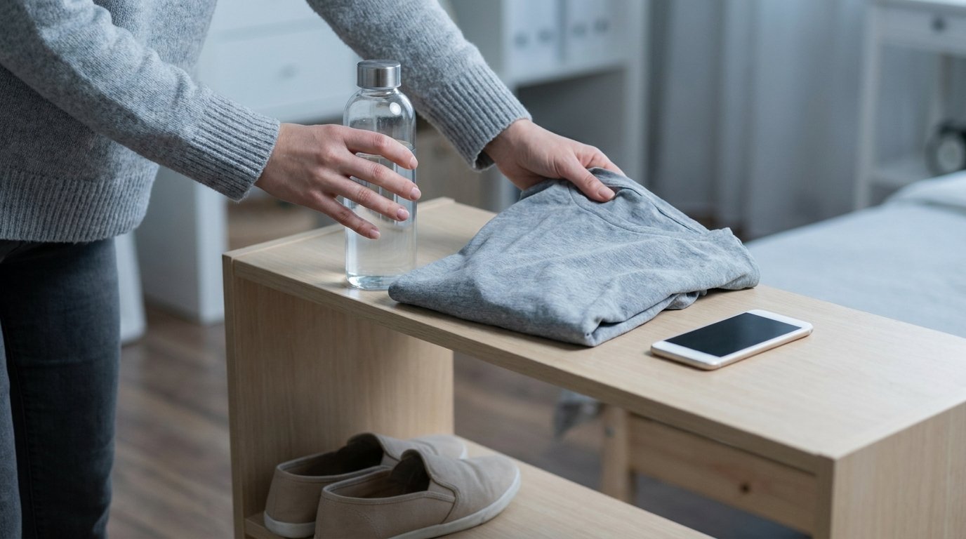 Hands taking a water bottle and folded clothing from a waist-high shelf with slip-on shoes below.