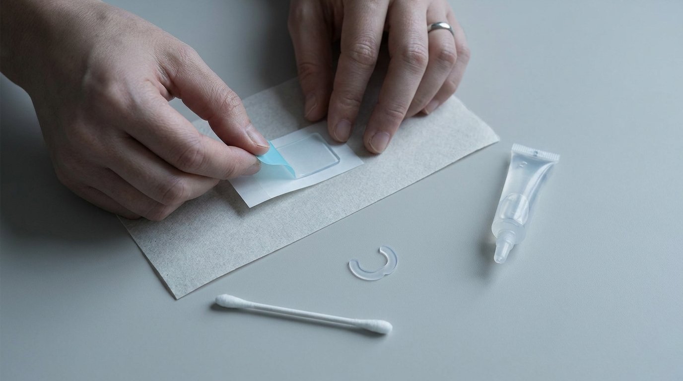 Hands peeling a small translucent silicone gel sheet from its backing beside an unmarked tube of clear silicone gel and a pre-cut curved silicone strip on a plain surface.