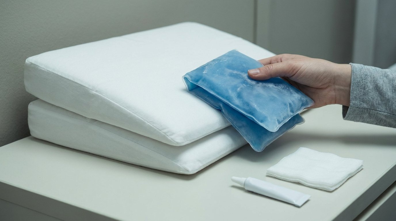A hand holding a folded gel cold compress beside stacked pillows forming an elevation wedge and a small eye ointment tube on a plain surface.