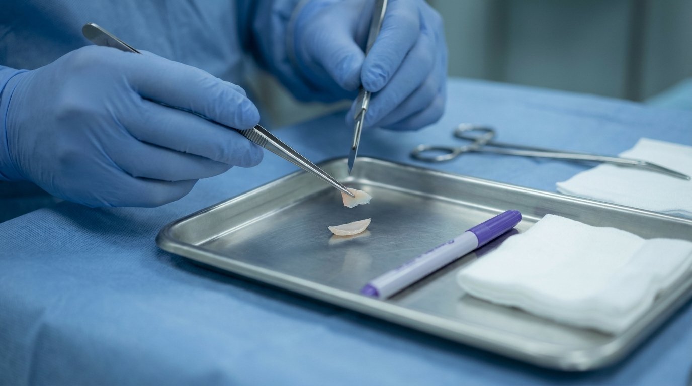 Gloved hands with forceps placing a small cartilage graft on a sterile surgical tray with a scalpel and gauze.