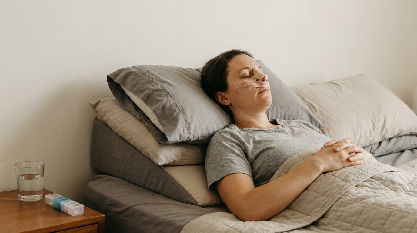 Person lying on back with head propped high on stacked pillows, a taped nasal splint on the nose, hands resting on the blanket.
