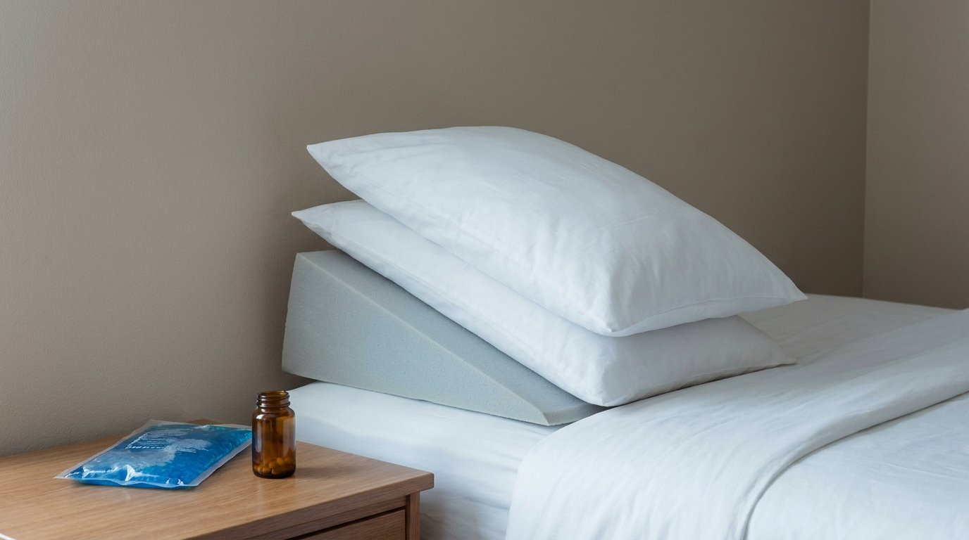 A hotel bed with two pillows and a foam wedge stacked for head elevation, a cold pack and pill bottle on the bedside table.