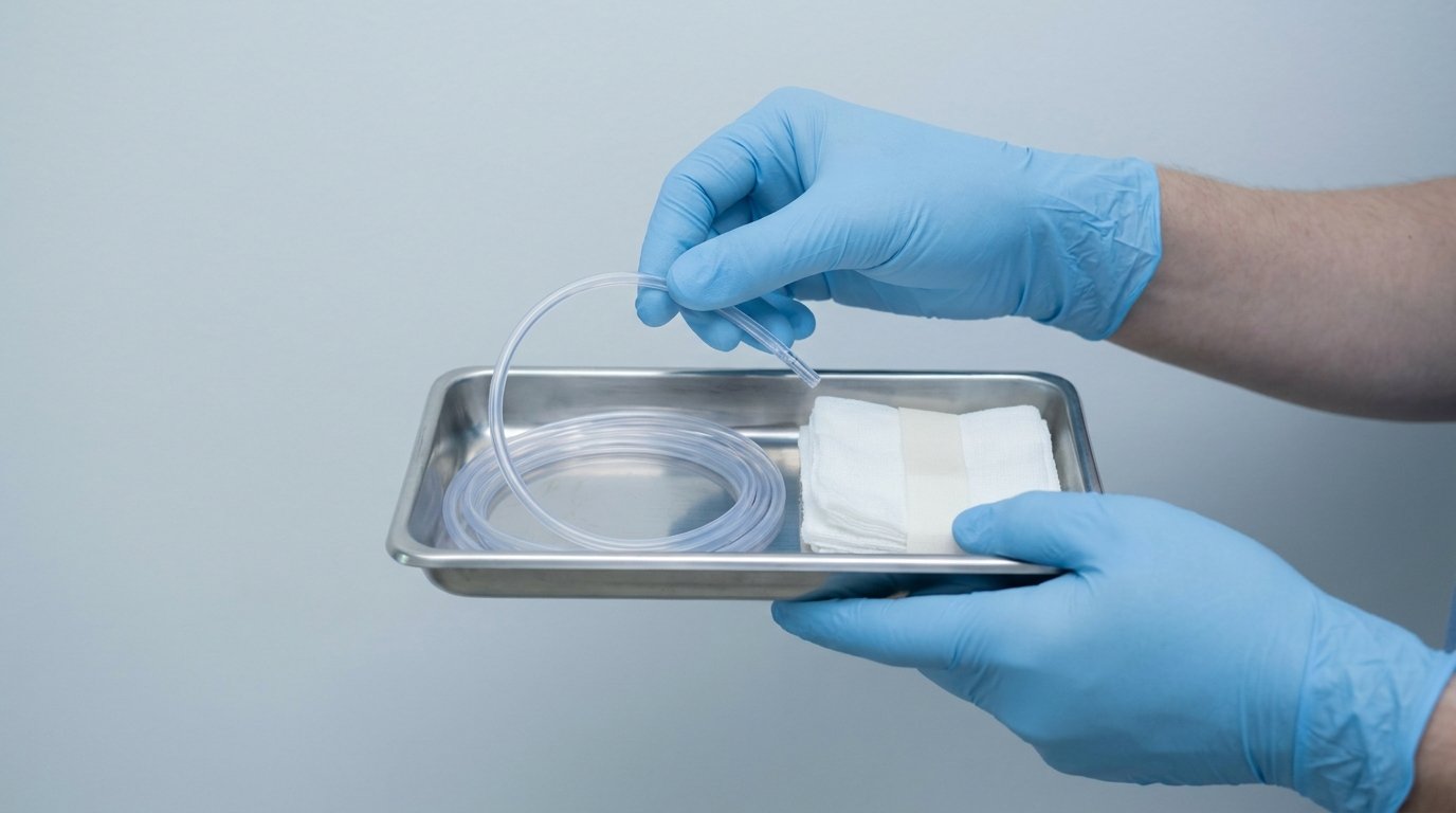Gloved hands lifting a thin clear surgical drain tube from a stainless tray with gauze and tape.