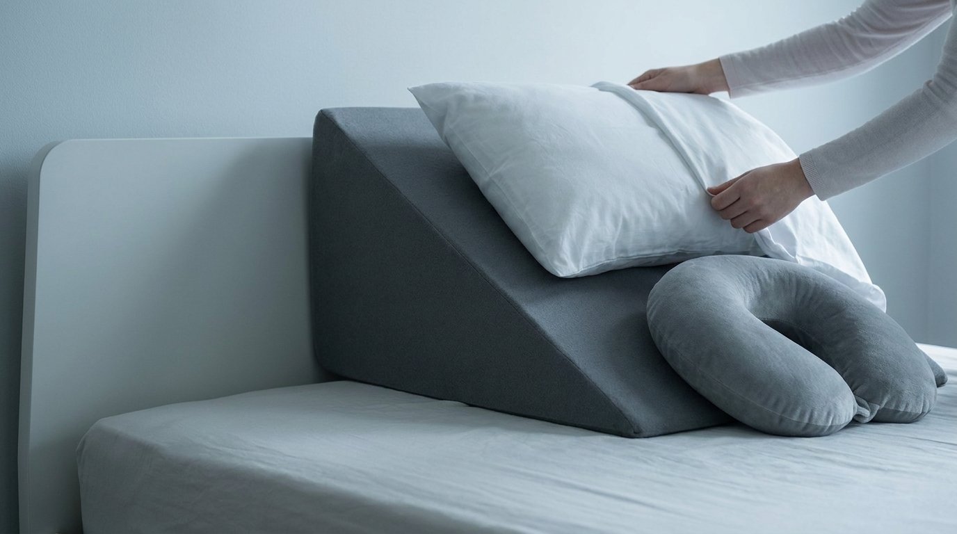 Hands smoothing a pillow over a steep foam wedge pillow on a bed, with a folded neck cushion beside it.
