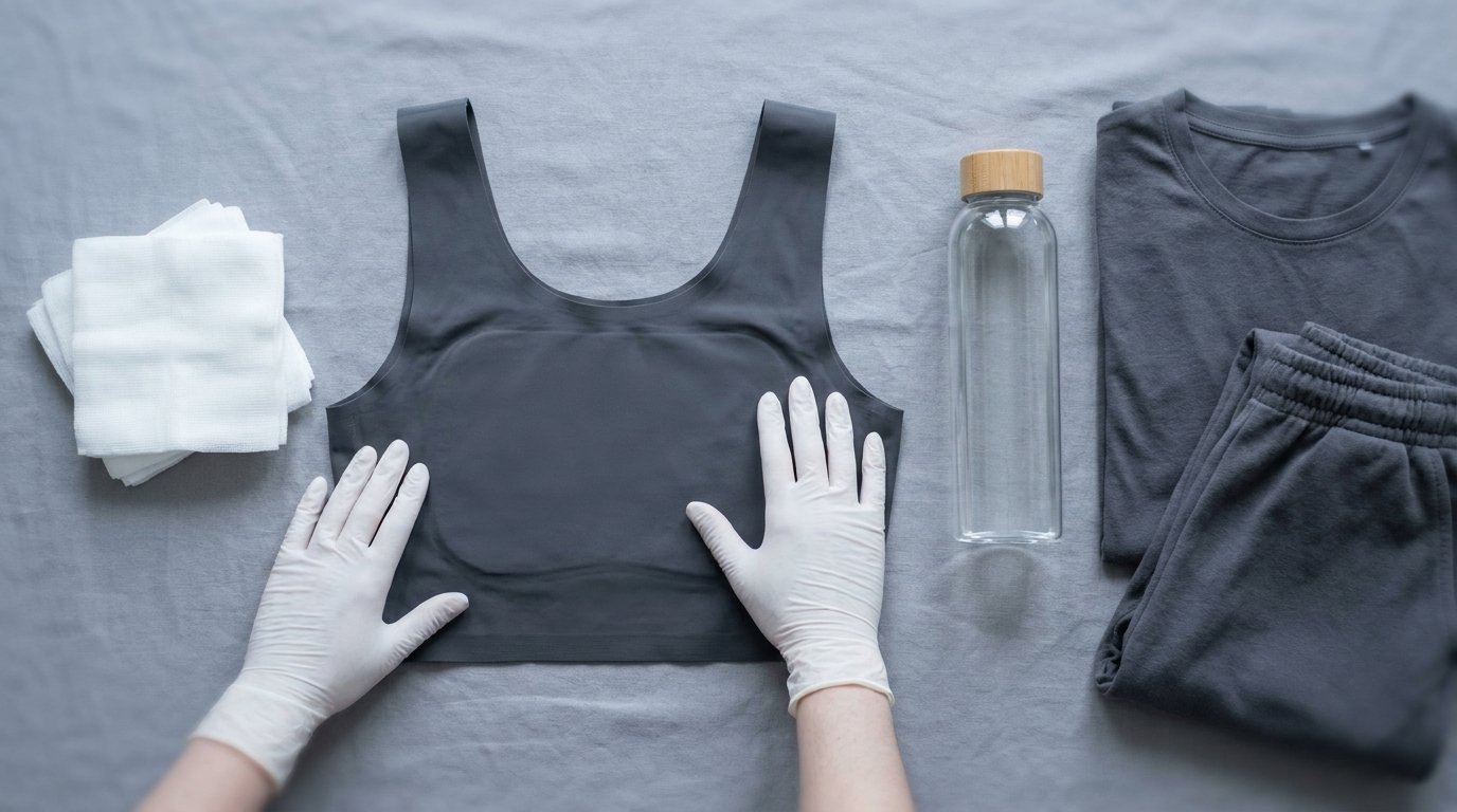 A folded elastic male compression chest vest laid flat with gauze pads and a water bottle, two hands smoothing the fabric.