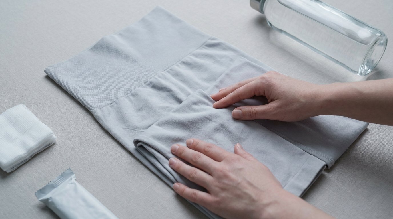 Hands smoothing a folded compression garment on a plain surface with a water bottle and gauze nearby.