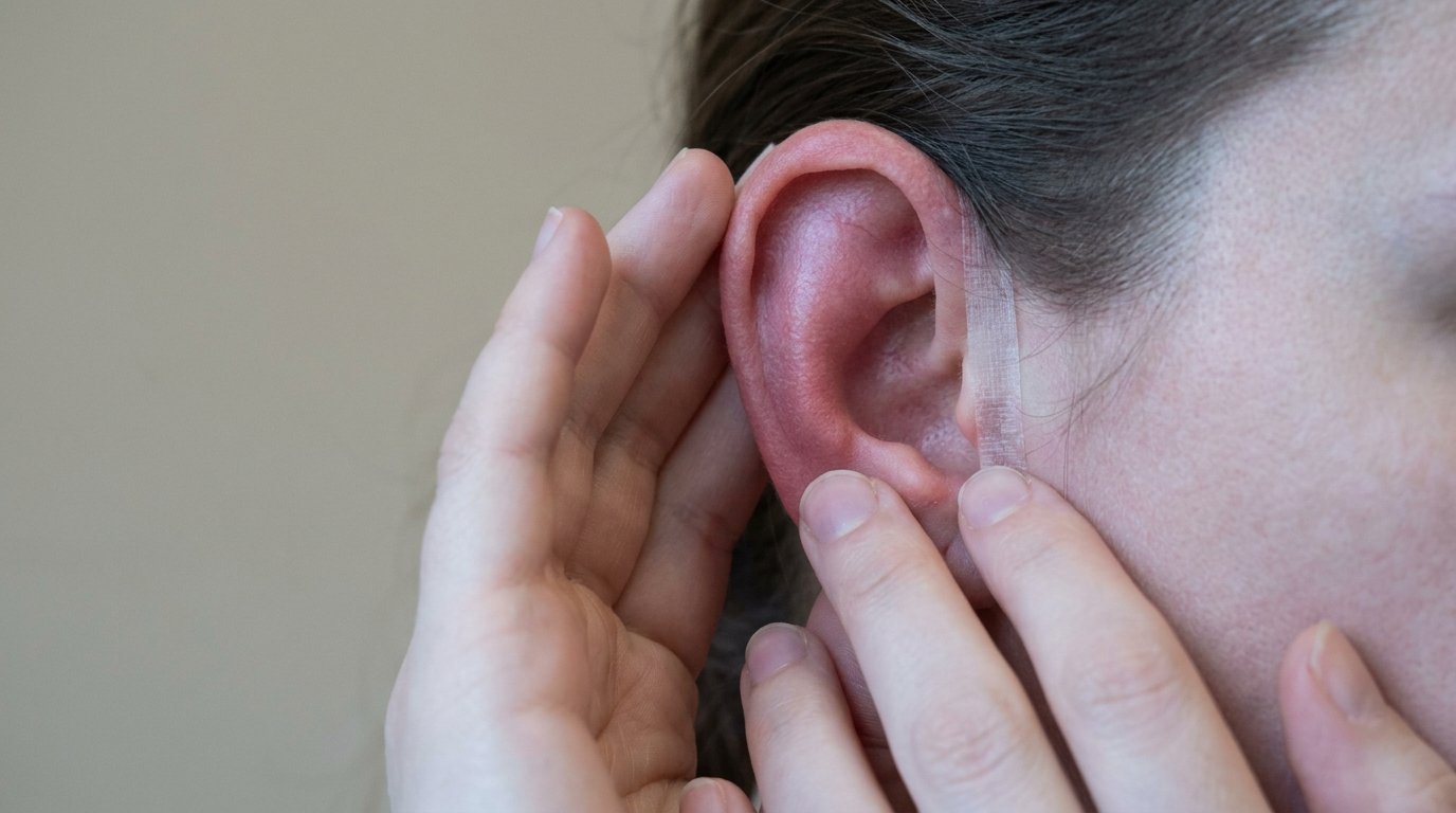 Close view of one visibly tense, swollen ear with a thin dressing behind it, framed by two hands checking gently.