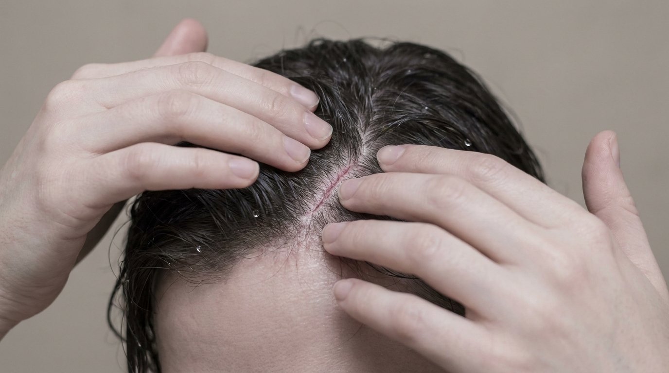 Fingertips gently parting damp hair at the front hairline, revealing a fine healing incision line tucked inside the hair.