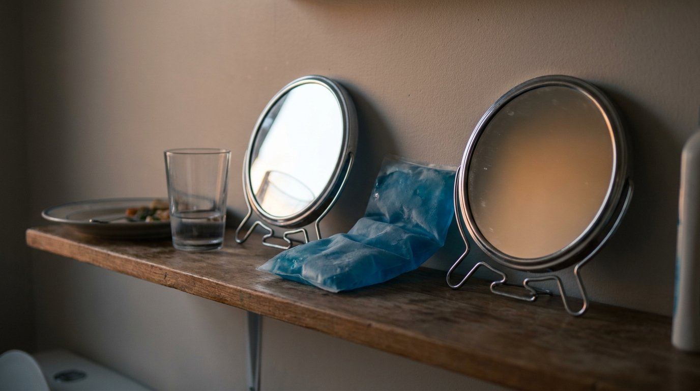 Two small hand mirrors on a shelf beside a cool gel pack and a glass of water in warm evening light.