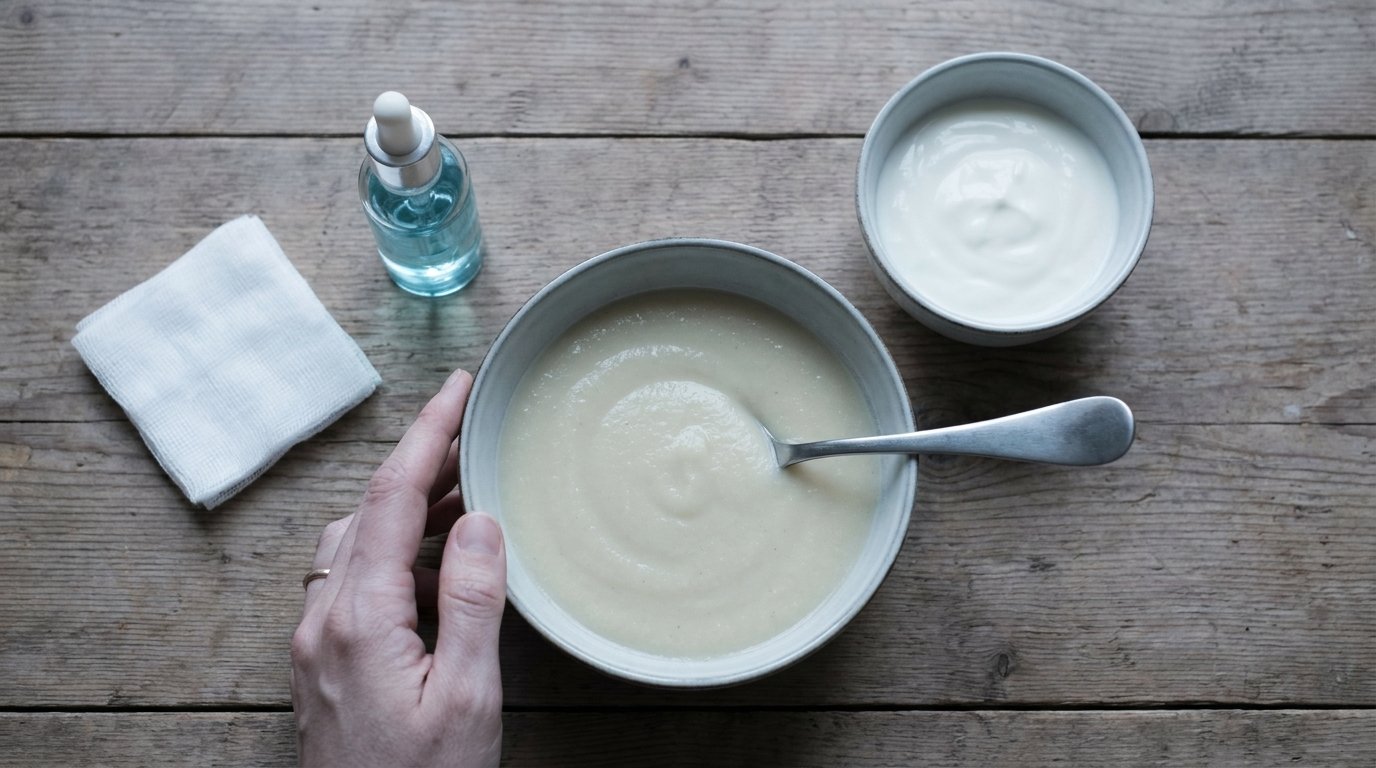 A flat-lay of smooth soup, soft yogurt, a rounded spoon, gauze and an unlabeled mouth rinse on a bare table.