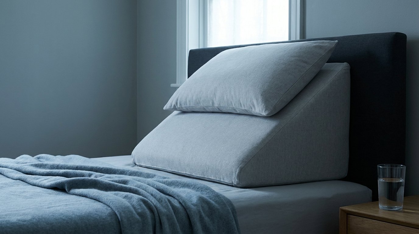 Two pillows stacked into a raised wedge against a headboard with a folded blanket and a glass of water on a nightstand.
