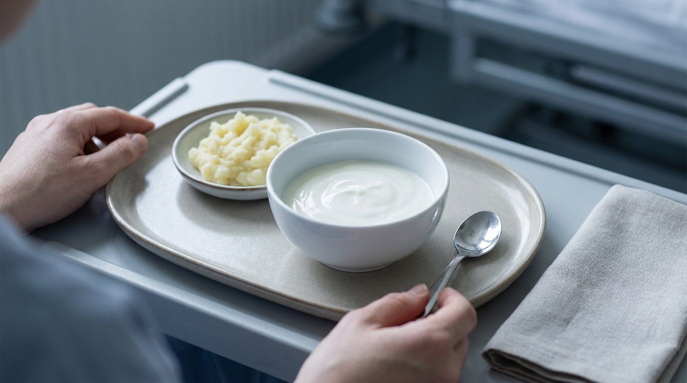 A tray with a bowl of smooth yogurt and mashed potato, a small teaspoon, and hands lifting the spoon gently.