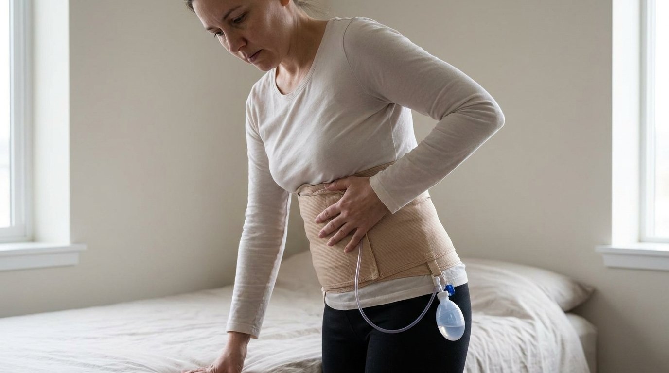 Woman in an abdominal compression garment standing in a slightly bent posture with a surgical drain bulb at her hip.