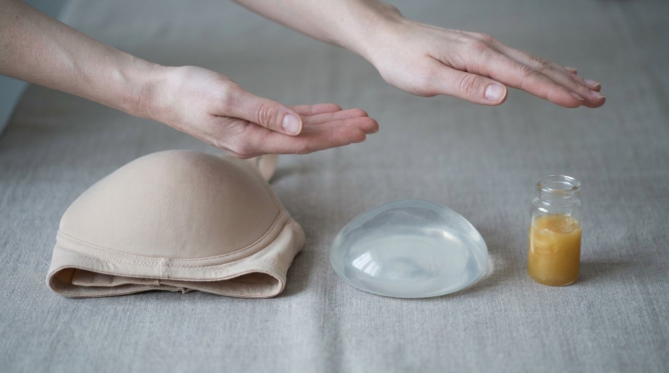 Two hands weighing a folded supportive bra against a breast implant and a small vial of fat on a neutral surface.