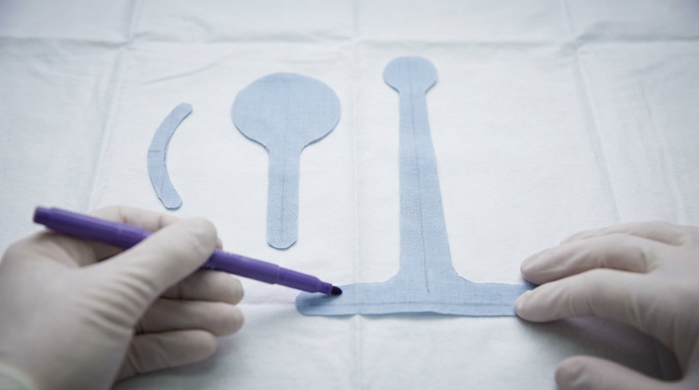 Gloved hands with a surgical marker resting on an anchor-shaped scar template beside shorter vertical and curved templates on a white drape.